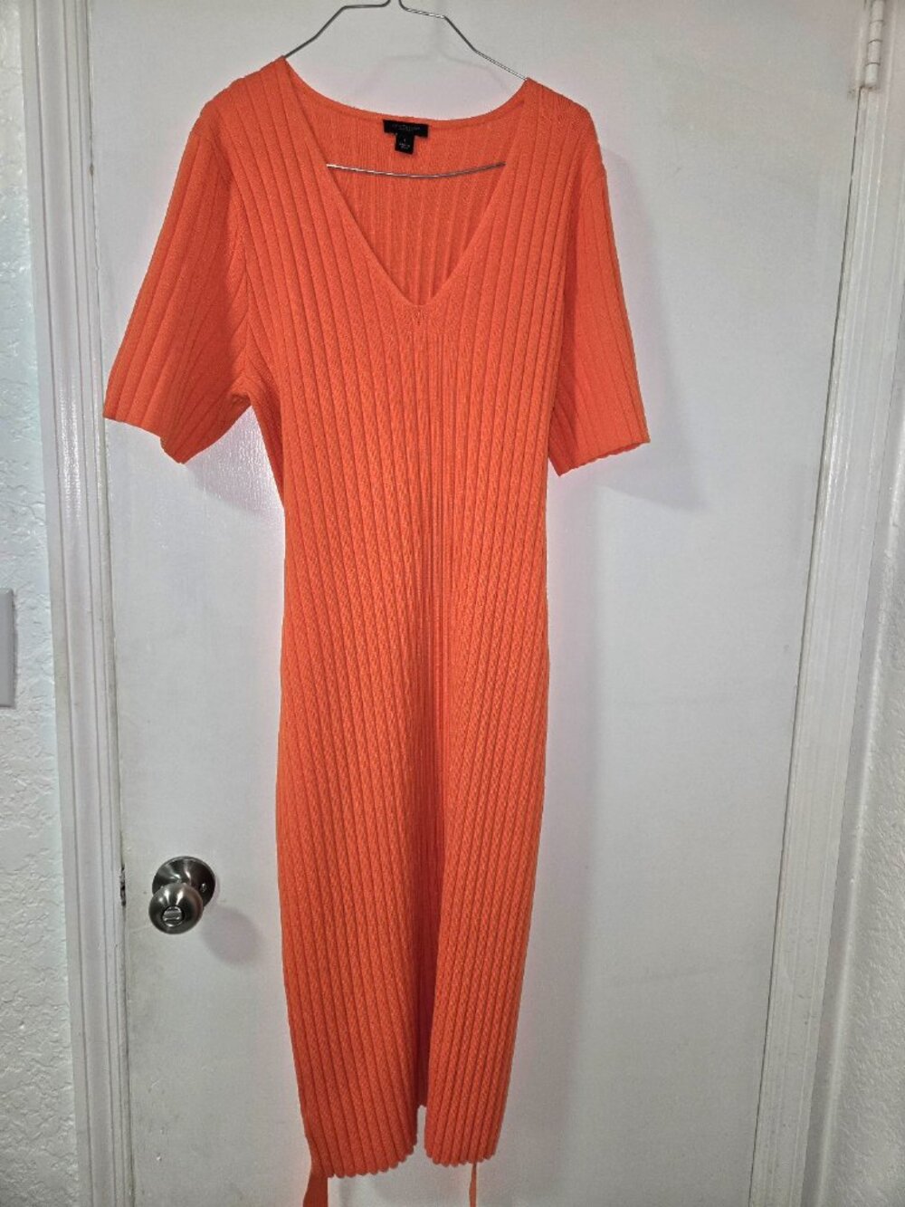 Ann Taylor Factory Rib Knit Tie Waist Midi Dress Coral Orange Size Large - Picture 2 of 4